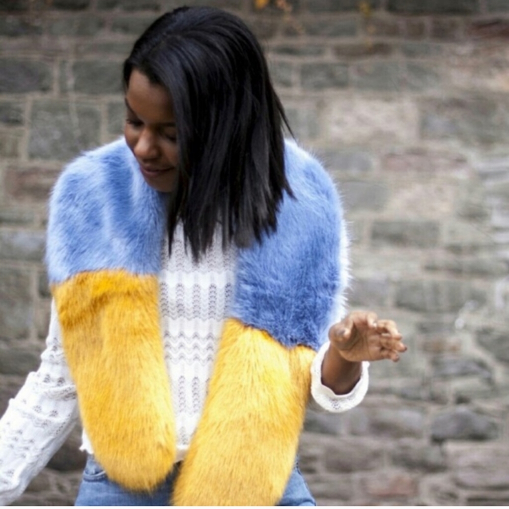 Zara Color Block Faux Fur Collar Wrap Shawl Scarf Blue/Yellow